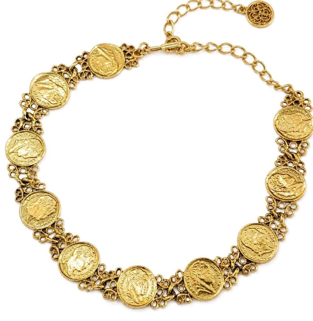 Vtg Gold Tone Roman Coin Choker Necklace Filigree Medallion Statement Collar